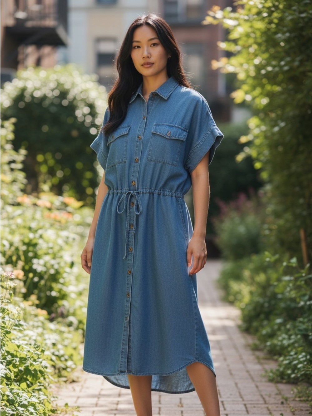 JORDACHE Denim Blue Short Sleeve Drawstring Waist Dress size medium